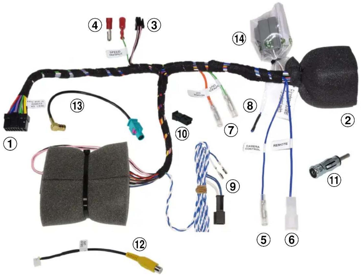 Labeled diagram of a car air conditioning control system with numbered components and wiring connections