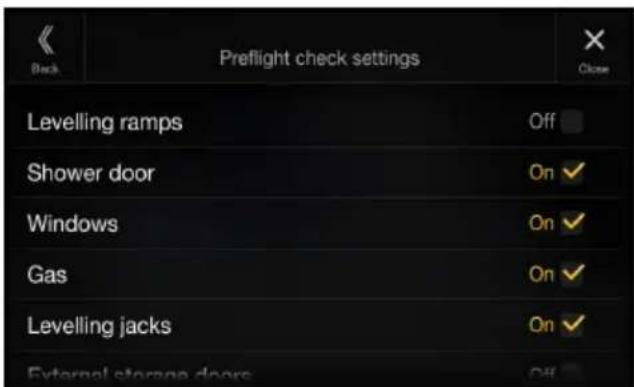 Preflight check settings Levelling ramps Shower door Windows Gas Levelling jacks External storage doors Off On ✓ On ✓ On ✓ Off