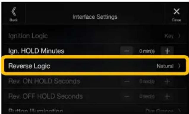 Back Interface Settings Close Ignition Logic Key > Ign. HOLD Minutes - 0 min(s) + Reverse Logic Natural > Rev. ON HOLD Seconds - 0 sec(s) + Rev. OFF HOLD Seconds - 5 sec(s) + Button Illumination Down Orange