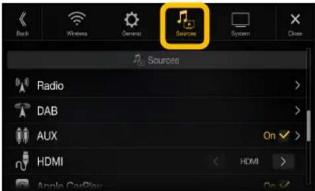 Back Wireless General Sources System Close Sources Radio DAB AUX HDMI On HDMI Apple CarPlay