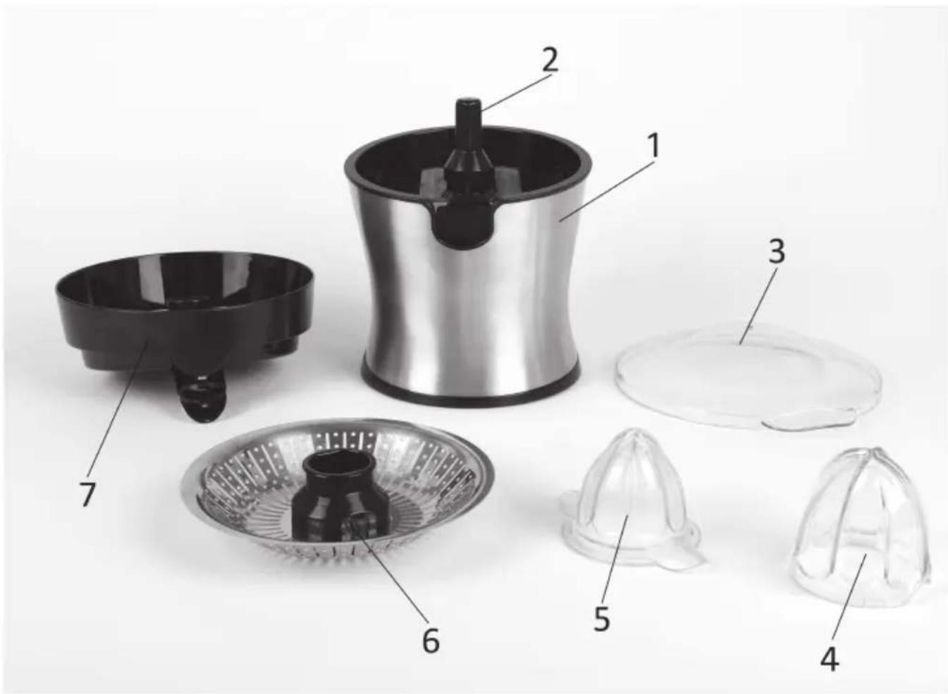Exploded view diagram of a food juicer with labeled parts including a stainless steel brush, filter, and water drop.