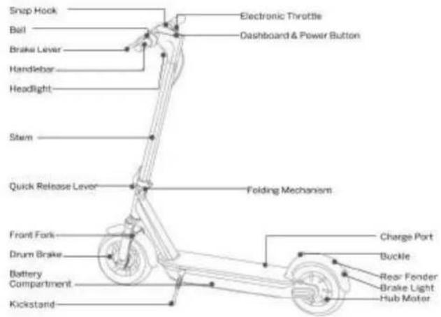 Snap Hook Ball Brake Lever Handlebar Headlight Stem Quick Release Lever Folding Mechanism Front Fork Drum Brake Battery Compartment Kickstand Electronic Throttle Dashboard & Power Button Charge Port Buckle Rear Fender Brake Light Hub Motor