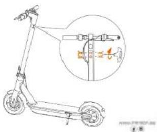 Technical diagram of a scooter with labeled parts and an inset showing a mechanical assembly detail.