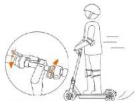 Illustration showing a person using a scooter with motion arrows and a magnified inset of the device's motion.