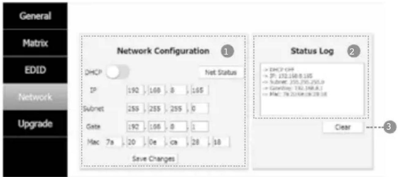 General Matrix EDID Network Upgrade Network Configuration 1 DHCP Net Status IP 192 168 8 165 Subnet 255 255 255 0 Gate 192 168 0 1 Mac 7a 20 0e ca 28 18 Save Changes Status Log 2 -> DHCP OFF -> IP: 192.198.8.165 -> Subnet: 255.255.255.0 -> Gateway: 192.198.8.1 -> Mac: 7a 20.0e.0k 28.18 Clear 3