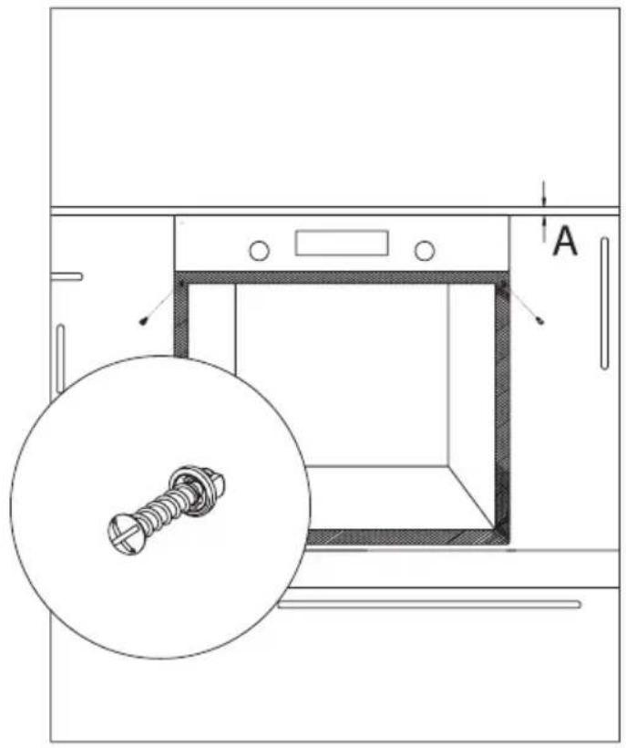 Technical diagram showing a screw installation with labeled component A and a magnified inset of the screw.