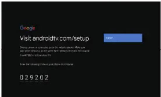 Google Visit androidtv.com/setup Finish De your phone or computer, go on the website above. Make sure password order to use the same NHP WORKS (ORIG) system on your SMARTTECH USD Android TV Enter the following course on your phone or computer: 029202