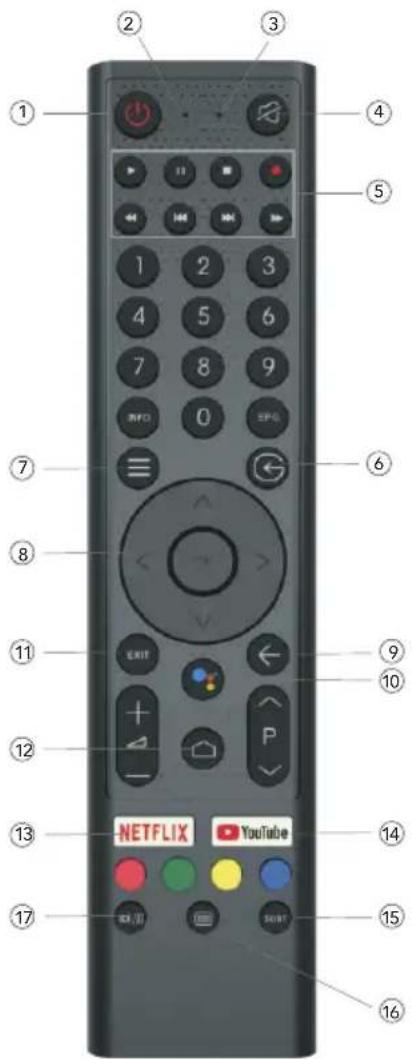 Labeled image of a remote control with numbered buttons and logos including Netflix, YouTube, and Spotify.