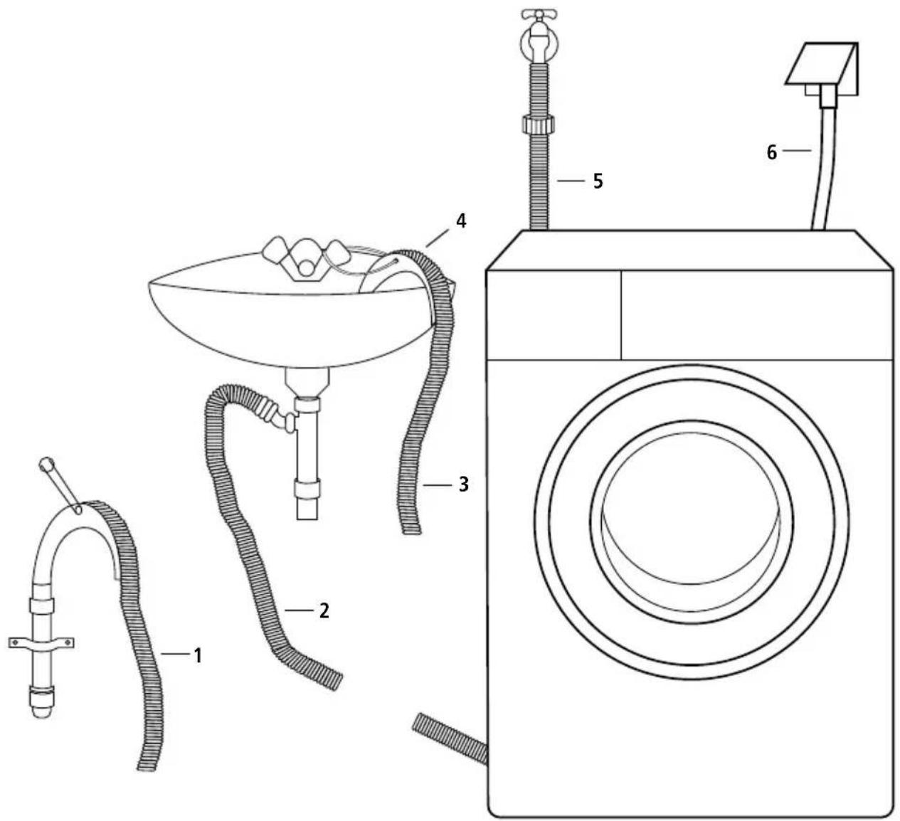 Technical diagram of a washing machine with labeled parts including pump, hose, and fan assembly