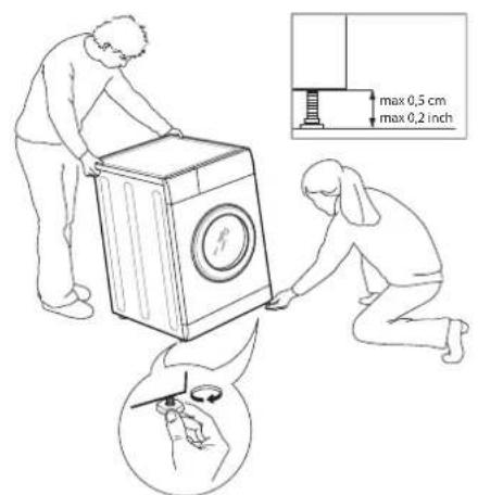 Diagram illustrating a washing machine operation with labeled parts and a magnified view showing tool application.