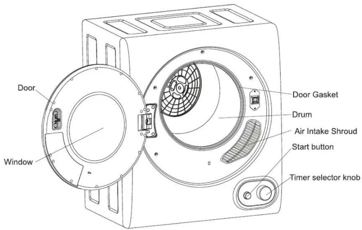 Door Window Door Gasket Drum Air Intake Shroud Start button Timer selector knob