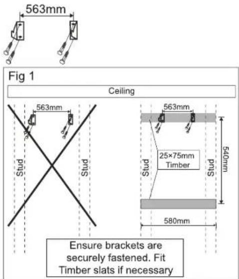 563mm Fig 1 Ceiling 563mm 25×75mm Timber 540mm 580mm Ensure brackets are securely fastened. Fit Timber slats if necessary