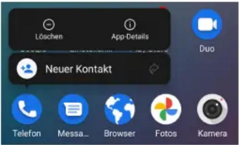 Löschen App-Details Neuer Kontakt Telefon Messenger... Browser Fotos Kamera Duo