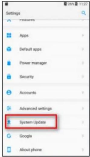 Settings Apps Default apps Power manager Security Accounts Advanced settings System Update Google About phone
