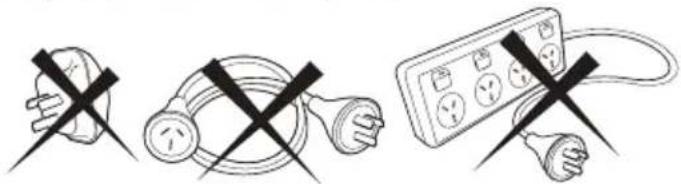 Diagram showing three electrical circuit symbols: plug, socket, and power plug with crossed-out black X marks indicating prohibition or disapproval.