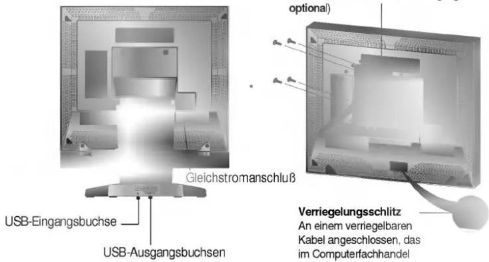 optional) Gleichstromanschluß USB-Eingangsbuchse USB-Ausgangsbuchsen Verriegelungsschlitz An einem verriegelbaren Kabel angeschlossen, das im Computerfachhandel