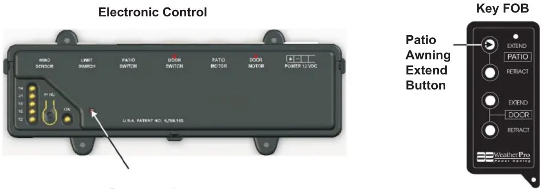 Electronic Control WIND SENSOR LIMIT SWITCH PATIO SWITCH DOOR SWITCH PATIO MOTOR DOOR MOTOR POWER 12 VDC T4 21 16 15 12 + - 21 + HU ON U.S.A. PATENT NO. 6,788.1SS Key FOB Patio Awning Extend Button EXTEND PATIO RETRACT EXTEND DOOR RETRACT WeatherPro Power Awning