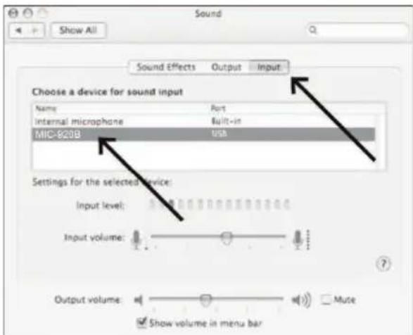 Sound Show All Sound Effects Output Input Choose a device for sound input Name: Port Internal microphone Built-in MIC-920B USB Settings for the selected device: Input level: Input volume: Output volume: Muse Show volume in menu bar