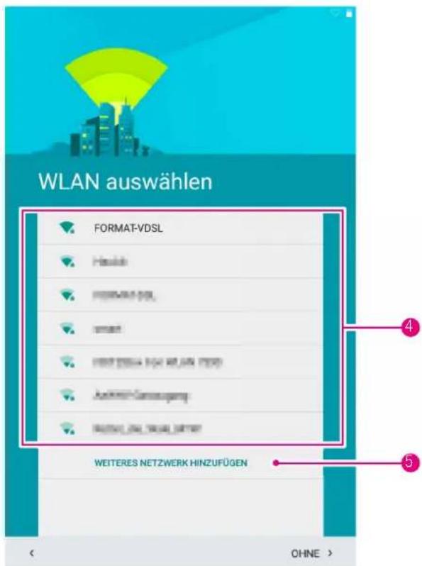 WLAN auswählen FORMAT-VDSL Hauslich WISERWAL (VSL) Verwert POST (SINJA 104) WELGAN (FEB) Austes-Compassung POST (LNL, TEGAL, GIFTAT) WEITERES NETZWERK HINZUFÜGEN 4 5 < OHNE >
