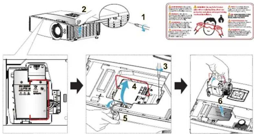Diagram illustrating the process of lighting and cleaning steps for a projector, showing labeled components and instructions in Chinese.