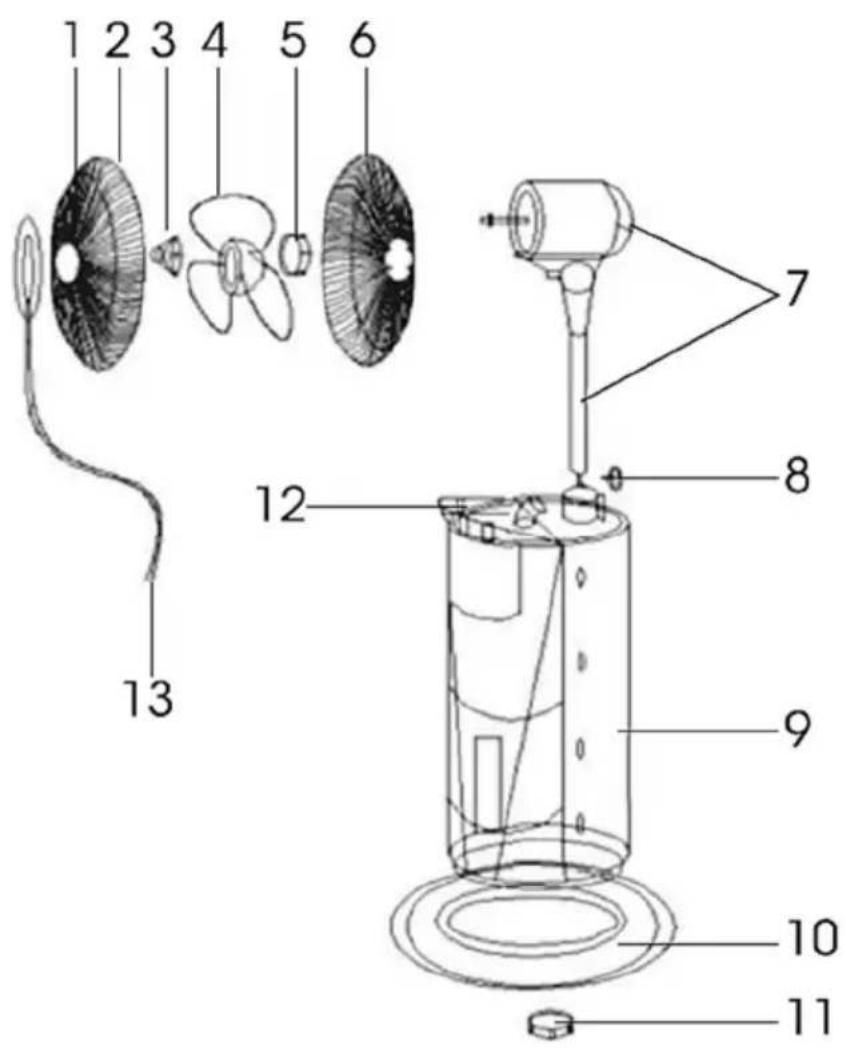 Technical diagram of a device with numbered parts, showing exploded and assembled views of components.