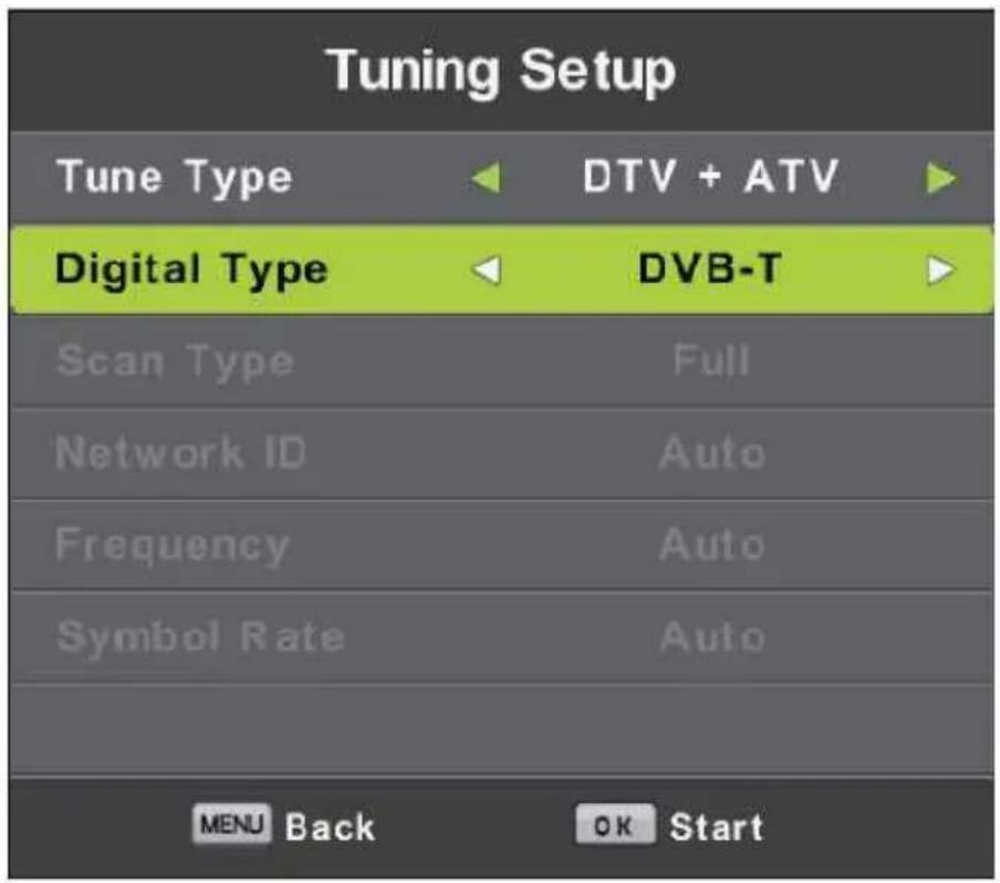 Tuning Setup Tune Type DTV + ATV Digital Type DVB-T Scan Type Full Network ID Auto Frequency Auto Symbol Rate Auto MENU Back OK Start