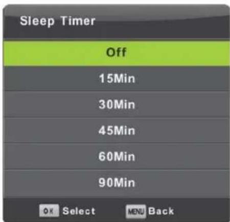 Sleep Timer Off 15Min 30Min 45Min 60Min 90Min OK Select MENU Back