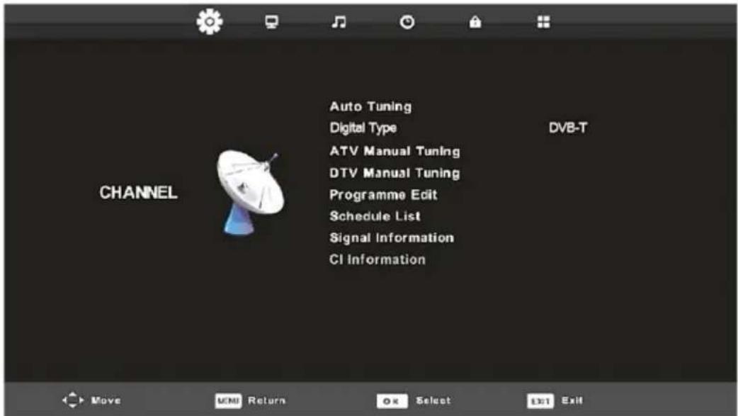 Auto Tuning Digital Type ATV Manual Tuning DTV Manual Tuning Programme Edit Schedule List Signal Information CI Information DVB-T CHANNEL Move OK Return Select Exit Exit