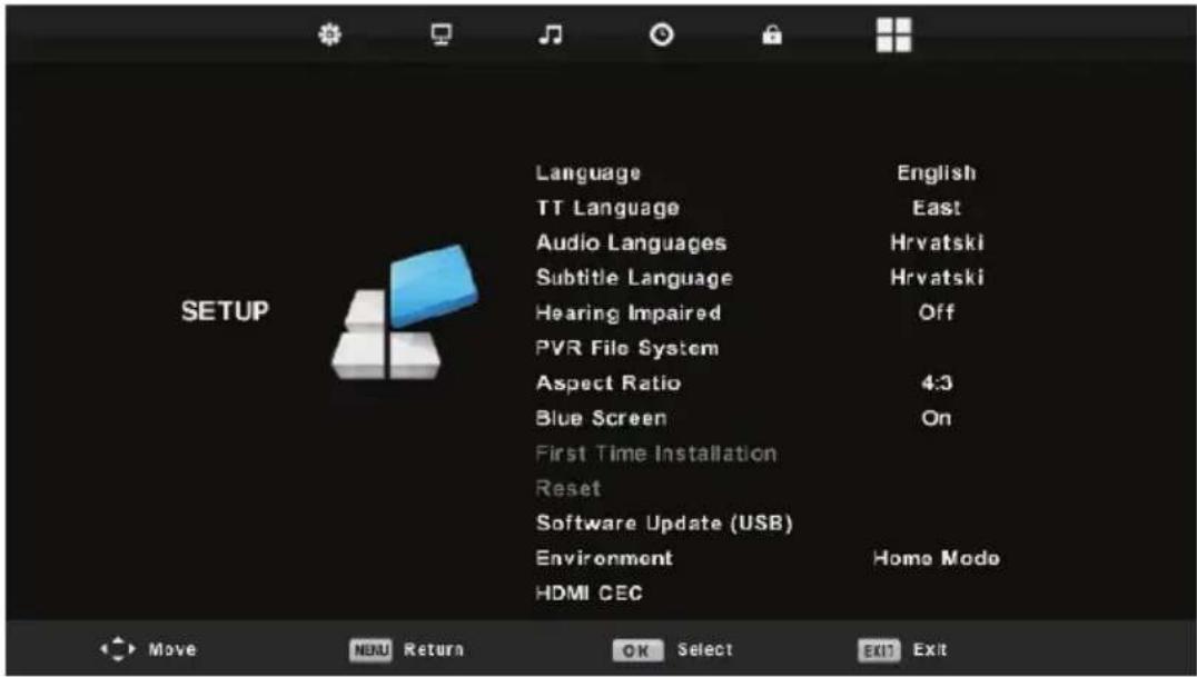 Language TT Language Audio Languages Subtitle Language Hearing Impaired PVR File System Aspect Ratio Blue Screen First Time Installation Reset Software Update (USB) Environment HDMI CEC English East Hrvatski Hrvatski Off 4:3 On Home Mode Move MENU Return OK Select EXIT Exit