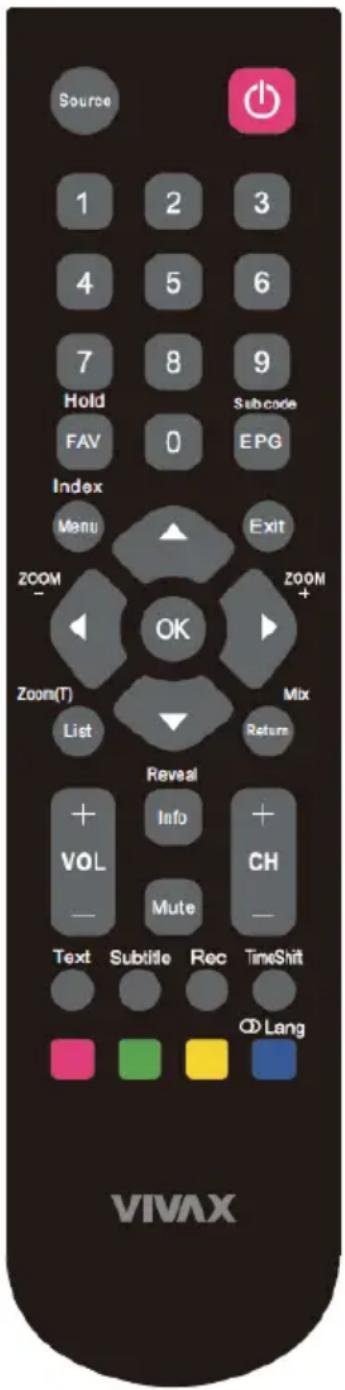 Source 1 2 3 4 5 6 7 8 9 Hold Subcode FAV 0 EPG Index Menu Exit ZOOM - OK ZOOM+ Zoom(T) Mix List Return Reveal + Info + VOL CH Mute Text Subtitle Rec TimeShift OD Lang VIVAX