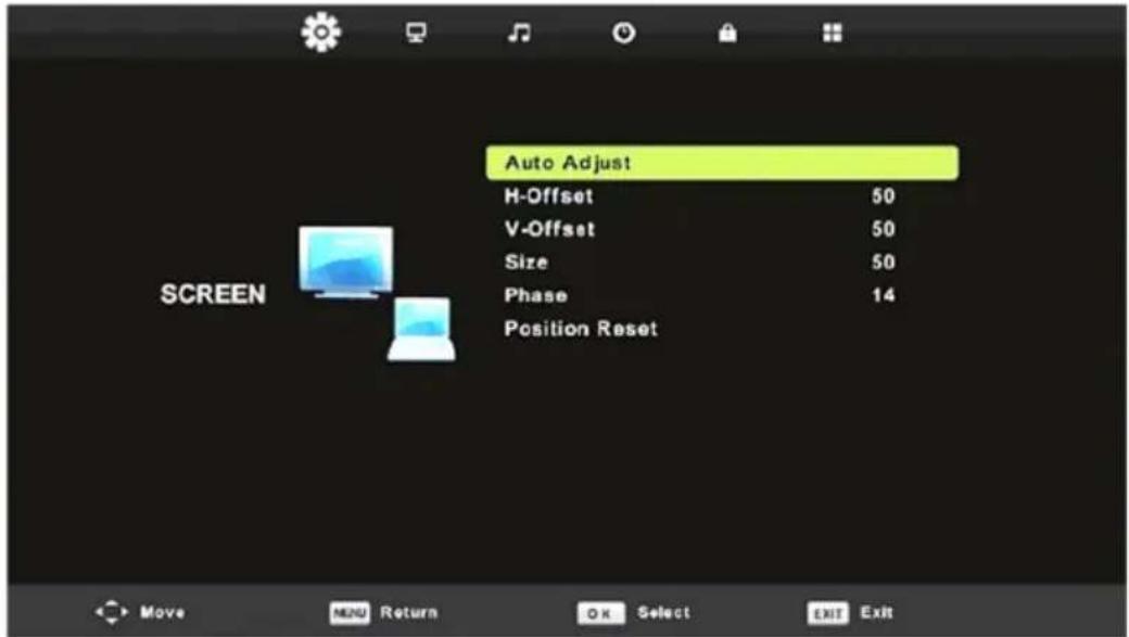 Auto Adjust H-Offset 50 V-Offset 50 Size 50 Phase 14 Position Reset SCREEN