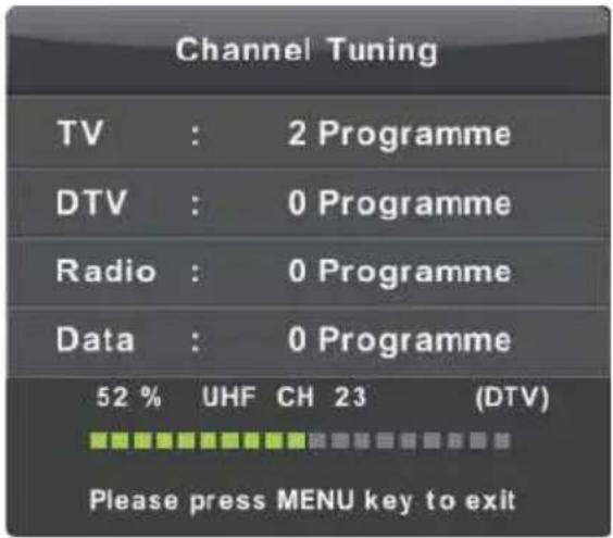 Channel Tuning TV : 2 Programme DTV : 0 Programme Radio : 0 Programme Data : 0 Programme 52 % UHF CH 23 (DTV) Please press MENU key to exit