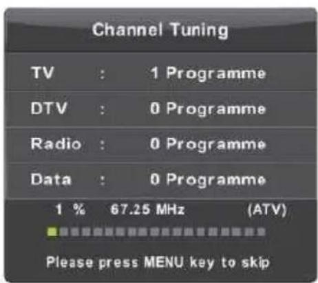 Channel Tuning TV : 1 Programme DTV : 0 Programme Radio : 0 Programme Data : 0 Programme 1 % 67.25 MHz (ATV) Please press MENU key to skip