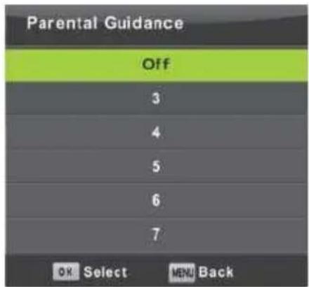 Parental Guidance Off 3 4 5 6 7 OK Select MENU Back