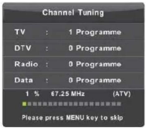 Channel Tuning TV : 1 Programme DTV : 0 Programme Radio : 0 Programme Data : 0 Programme 1 % €7.25 MHz (ATV) Please press MENU key to skip