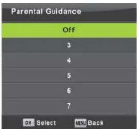 Parental Guidance Off 3 4 5 6 7 OK Select MENU Back