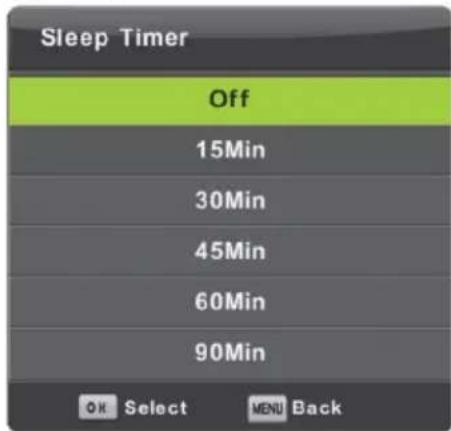 Sleep Timer Off 15Min 30Min 45Min 60Min 90Min OK Select MENU Back