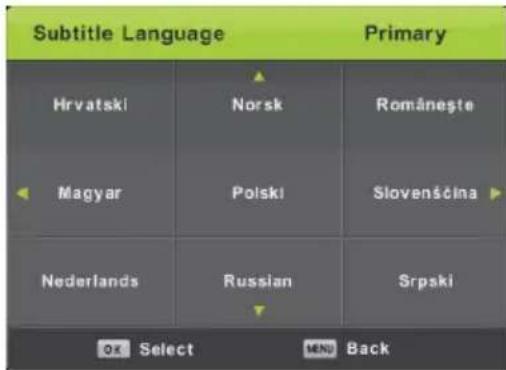 Subtitle Language Primary Hrvatski Norsk Româneşte Magyar Polski Slovenščina Nederlands Russian Srpski OK Select MENU Back