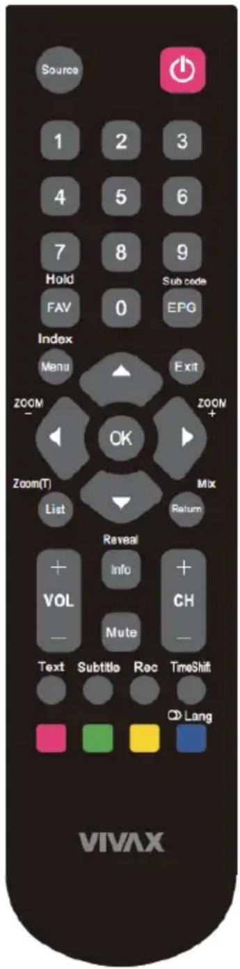 Source 1 2 3 4 5 6 7 8 9 Hold Sub code FAV 0 EPG Index Menu Exit ZOOM + ZOOM - OK Zoom(T) Mix List Return Reveal + Info + VOL CH Mute Text Subtitle Rec TimeShift OD Lang VIVAX