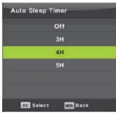 Auto Sleep Timer Off 3H 4H 5H OK Select MEN Back