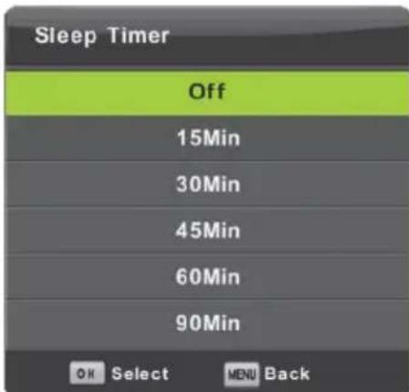 Sleep Timer Off 15Min 30Min 45Min 60Min 90Min OK Select MENU Back