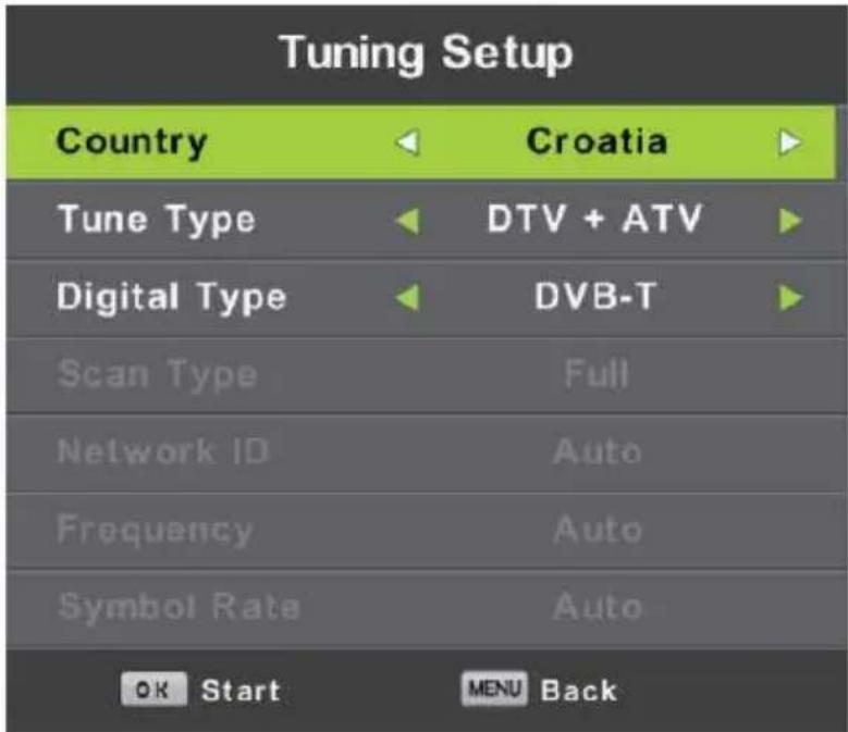 Tuning Setup Country Croatia Tune Type DTV + ATV Digital Type DVB-T Scan Type Full Network ID Auto Frequency Auto Symbol Rate Auto OK Start MENU Back