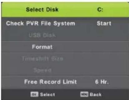 Select Disk C: Check PVR File System Start USB Disk Format Timeshift Size Speed Free Record Limit 6 Hr. OK Select Back