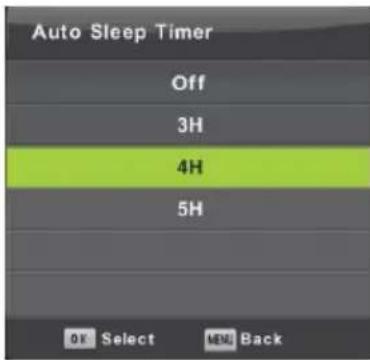 Auto Sleep Timer Off 3H 4H 5H OK Select MEN Back