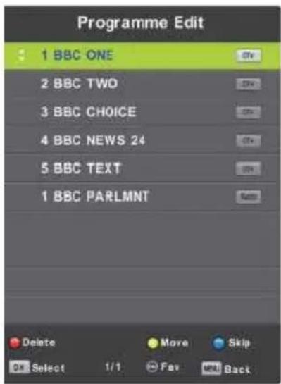 Programme Edit 1 BBC ONE 2 BBC TWO 3 BBC CHOICE 4 BBC NEWS 24 5 BBC TEXT 1 BBC PARLMNT Delete More Skip OK Select 1/1 Fav Back