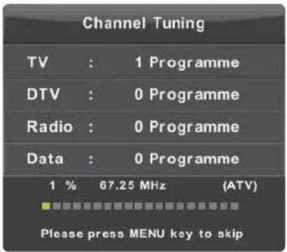 Channel Tuning TV : 1 Programme DTV : 0 Programme Radio : 0 Programme Data : 0 Programme 1 % 67.25 MHz (ATV) Please press MENU key to skip