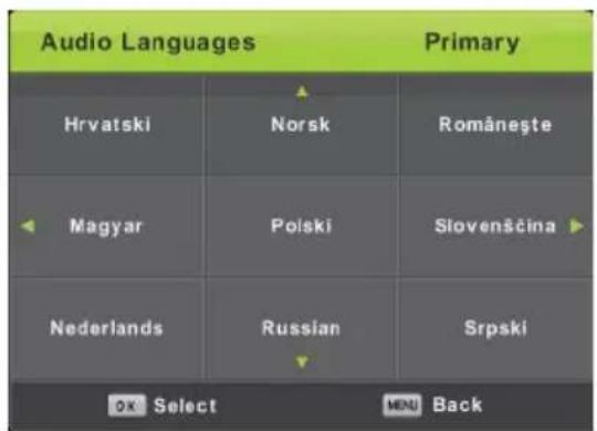 Audio Languages Primary Hrvatski Norsk Româneşte Magyar Polski Slovensčina Nederlands Russian Srpski OK Select MENU Back