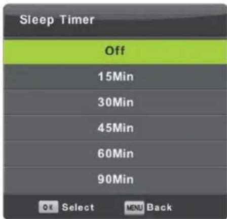 Sleep Timer Off 15Min 30Min 45Min 60Min 90Min OK Select MENU Back