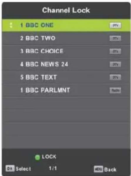 Channel Lock 1 BBC ONE 2 BBC TWO 3 BBC CHOICE 4 BBC NEWS 24 5 BBC TEXT 1 BBC PARLMNT LOCK OK Select 1/1 MENU Back
