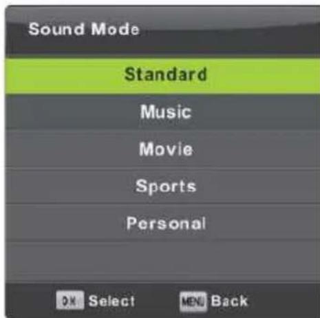 Sound Mode Standard Music Movie Sports Personal OK Select MENU Back